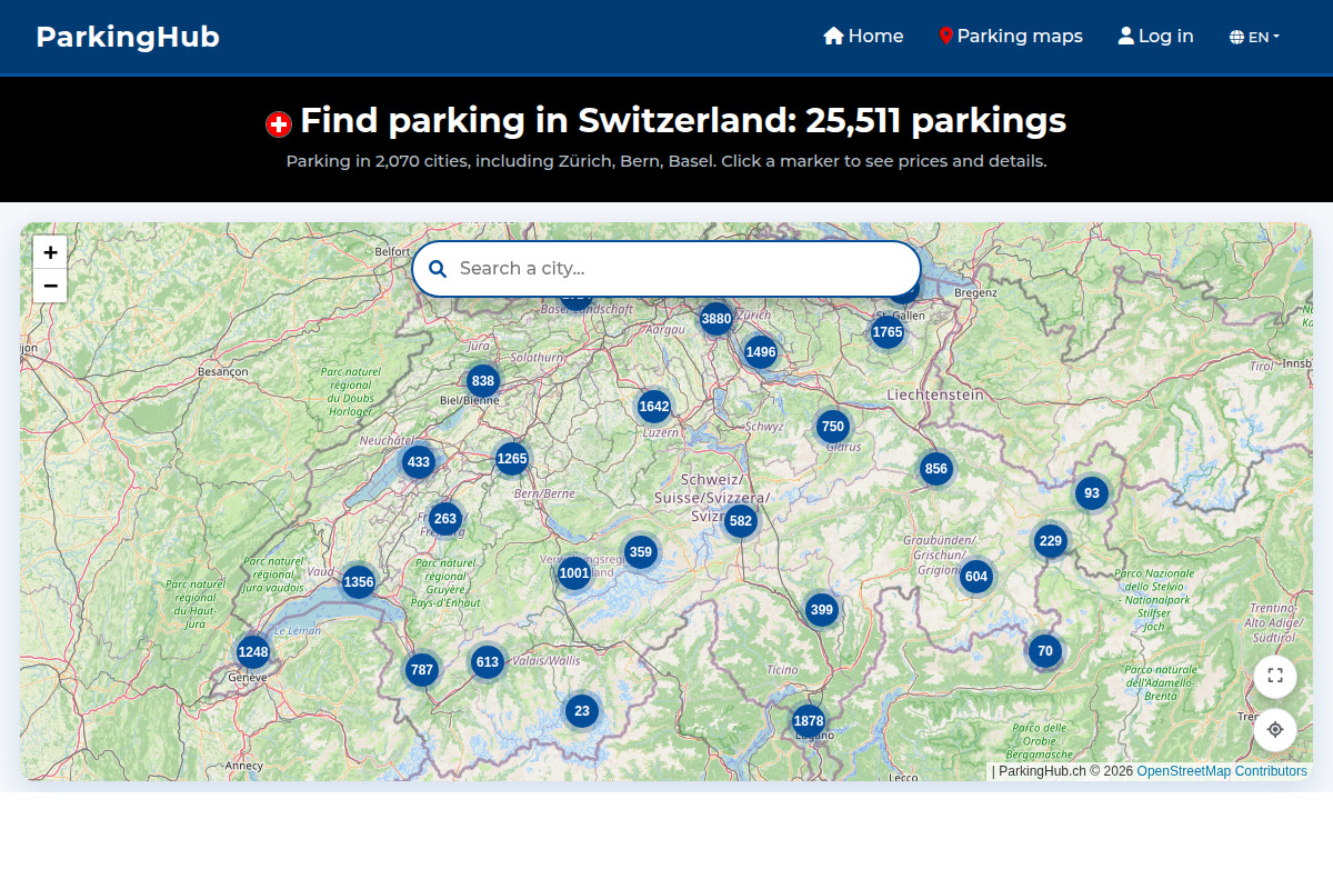 Carte ParkingHub de la Suisse